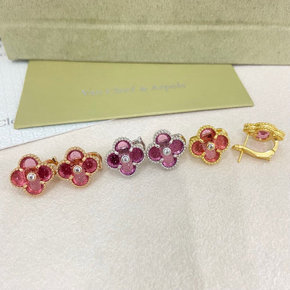 [⭐Seralia]2026 NEW  CLOVER 1 MOTIFPINK ENAMEL STUD EARRINGS WITH DIAMONDS2