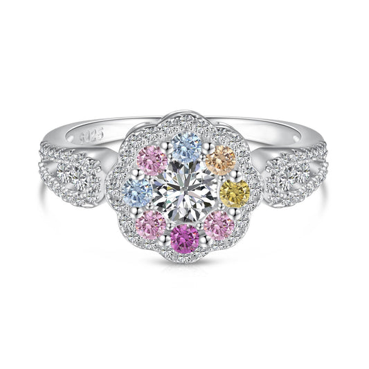 [Lucky Jewelry]Delicate Colorful Round Cut Flower Shape Wedding Ring