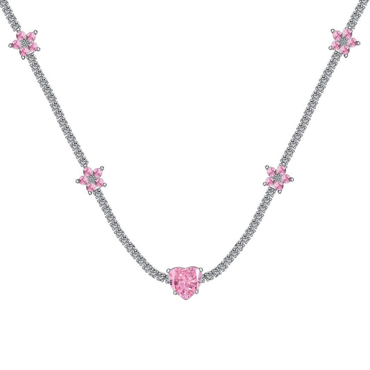 [Lucky Jewelry]Dazzling Pink Heart Flower Necklace