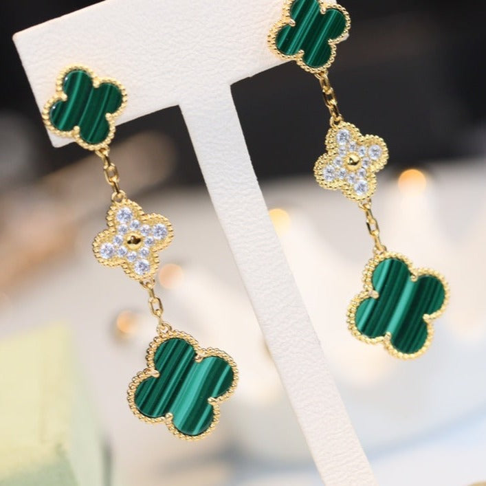 [⭐Seralia]CLOVER EARRINGS GOLD MALACHITE DIAMOND 3 MOTIF