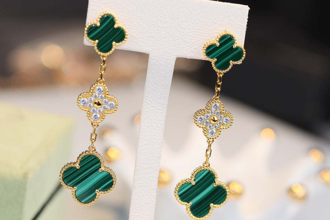 [⭐Seralia]CLOVER EARRINGS GOLD MALACHITE DIAMOND 3 MOTIF