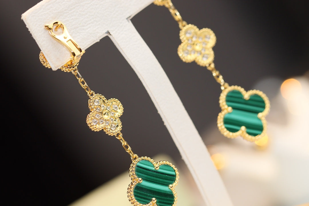 [⭐Seralia]CLOVER EARRINGS GOLD MALACHITE DIAMOND 3 MOTIF