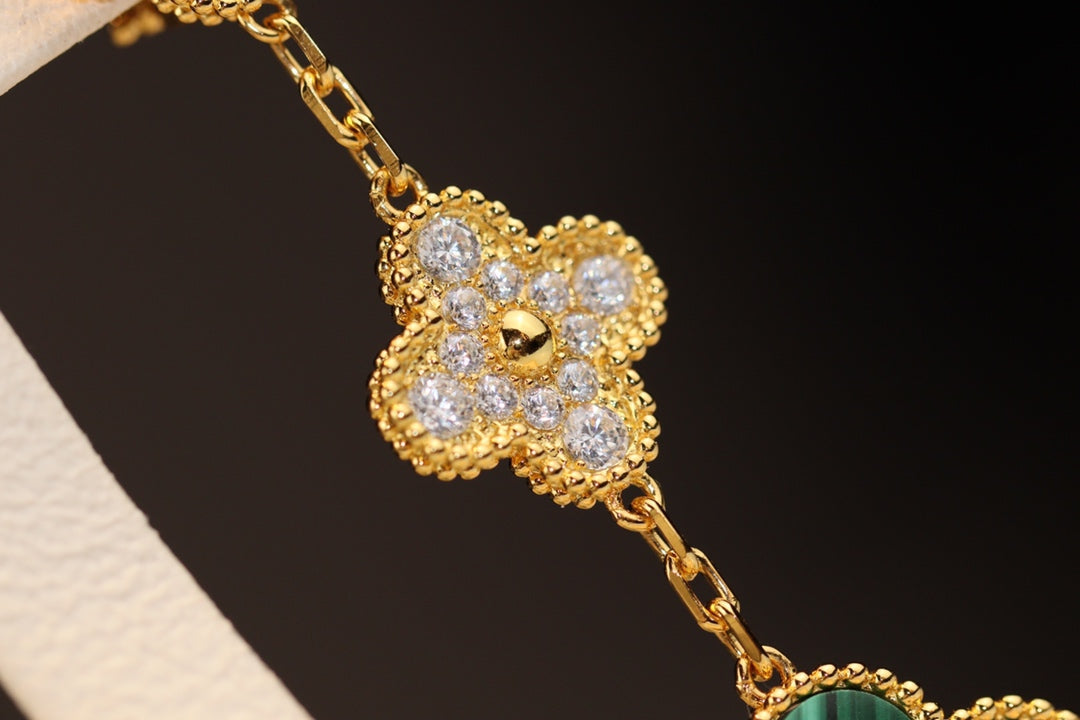 [⭐Seralia]CLOVER EARRINGS GOLD MALACHITE DIAMOND 3 MOTIF