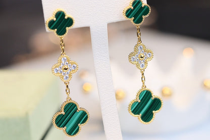 [⭐Seralia]CLOVER EARRINGS GOLD MALACHITE DIAMOND 3 MOTIF