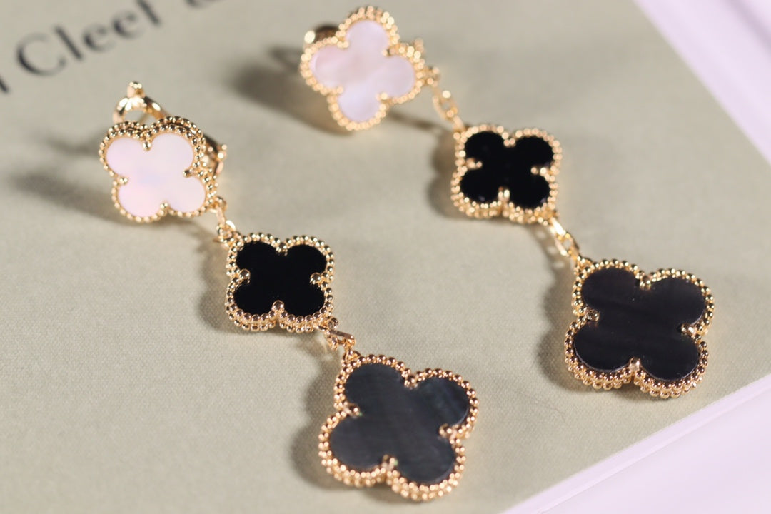 [⭐Seralia]CLOVER EARRINGS GOLD ONYX MOP 3 MOTIF