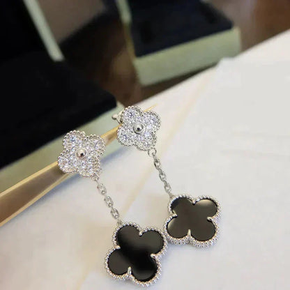 [⭐Seralia]CLOVER 2 MOTIFS  DIAMOND ONYX EARRINGS SILVER