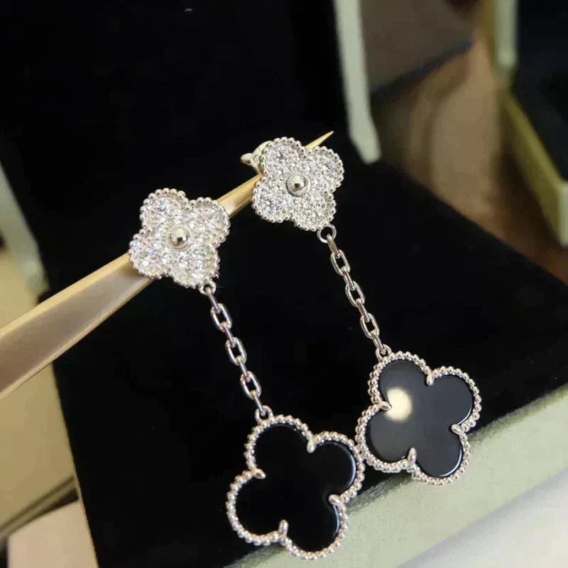 [⭐Seralia]CLOVER 2 MOTIFS  DIAMOND ONYX EARRINGS SILVER
