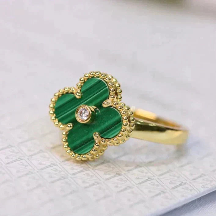 [⭐Seralia]CLOVER MALACHITE RING GOLD DIAMOND