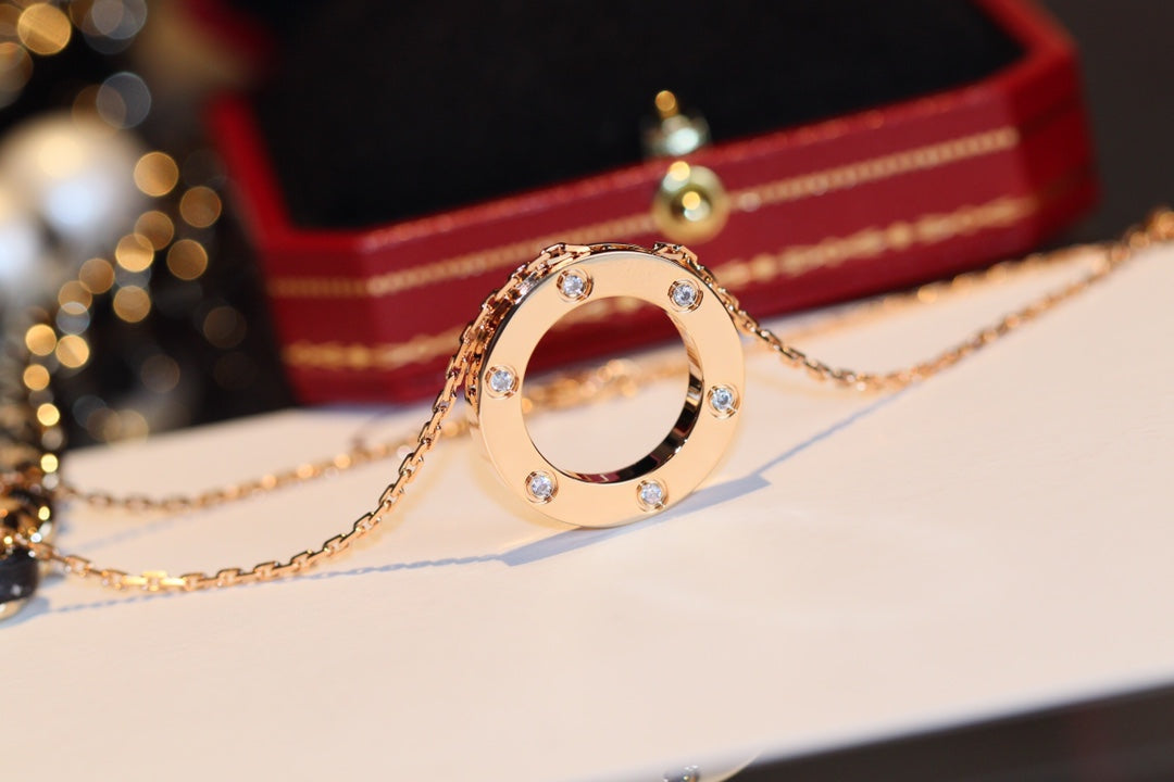 [⭐Seralia]LOVE NECKLACE 16MM 6 DIAMONDS PINK GOLD