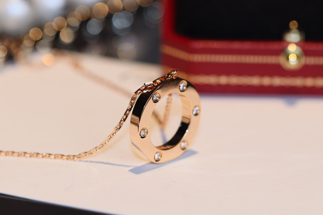 [⭐Seralia]LOVE NECKLACE 16MM 6 DIAMONDS PINK GOLD