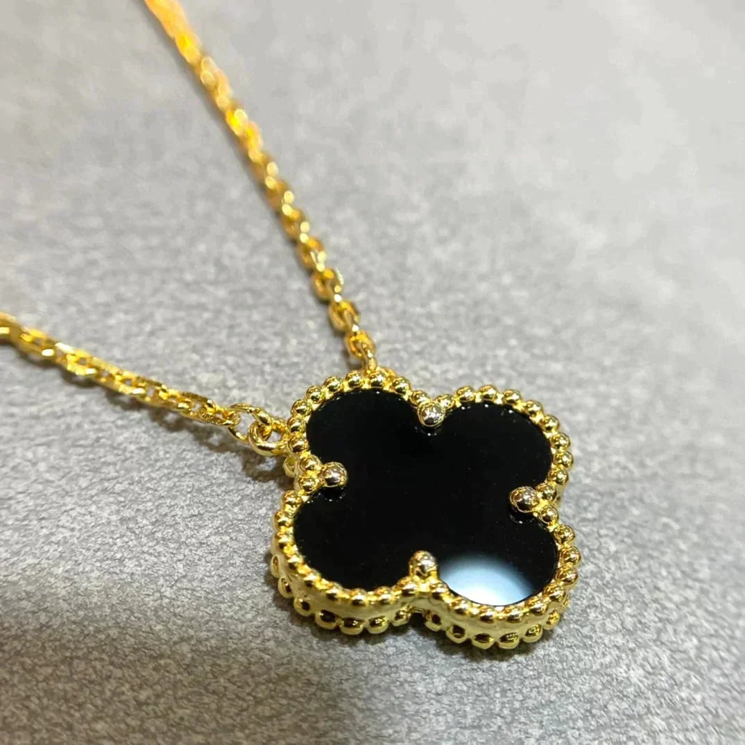 [⭐Seralia]CLOVER 15MM BLACK ONYX SINGLE FLOWER NECKLACE
