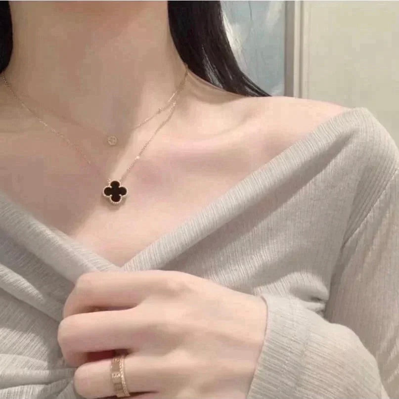 [⭐Seralia]CLOVER 15MM BLACK ONYX SINGLE FLOWER NECKLACE