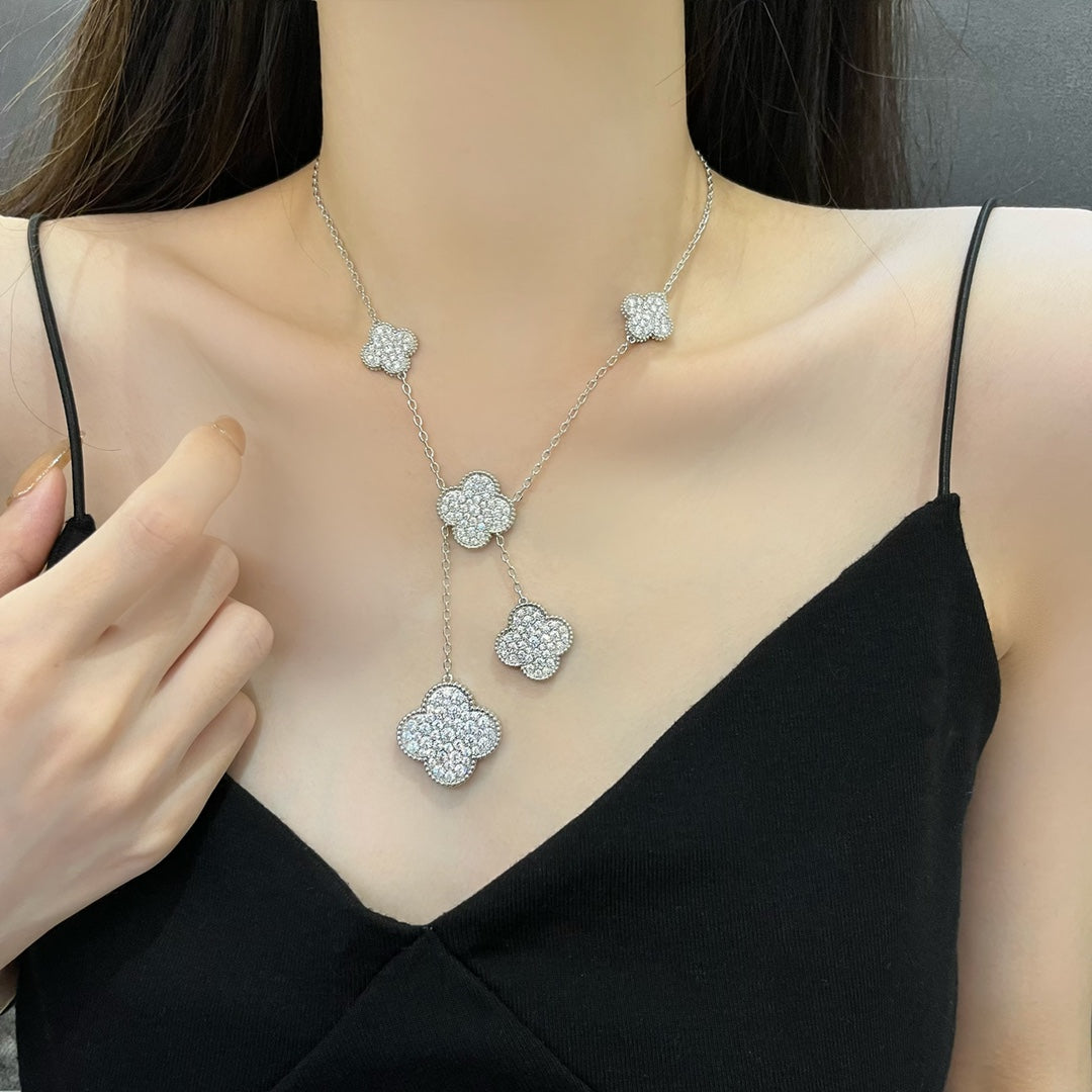 [⭐Seralia]CLOVER 5 MOTIFS SILVER DIAMONDS NECKLACE