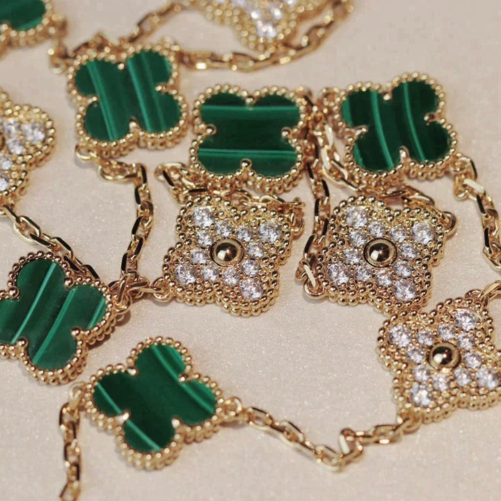 [⭐Seralia]CLOVER 20 MOTIFS MALACHITE DIAMOND NECKLACE