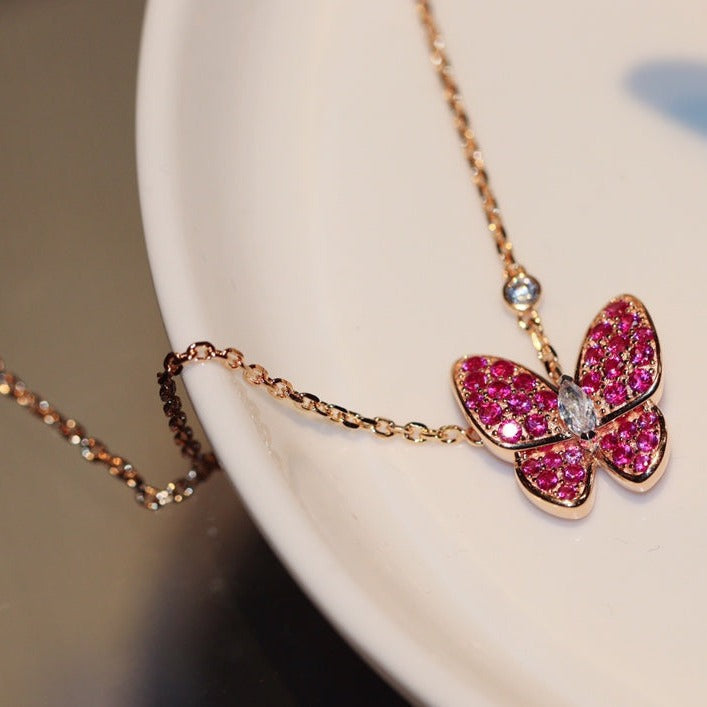 [⭐Seralia]BUTTERFLY RED DIAMOND ROSE GOLD NECKLACE