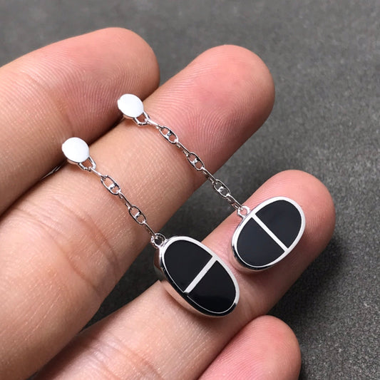 [⭐Seralia]CHAINE VERSO BLACK CERAMIC SILVER EARRINGS