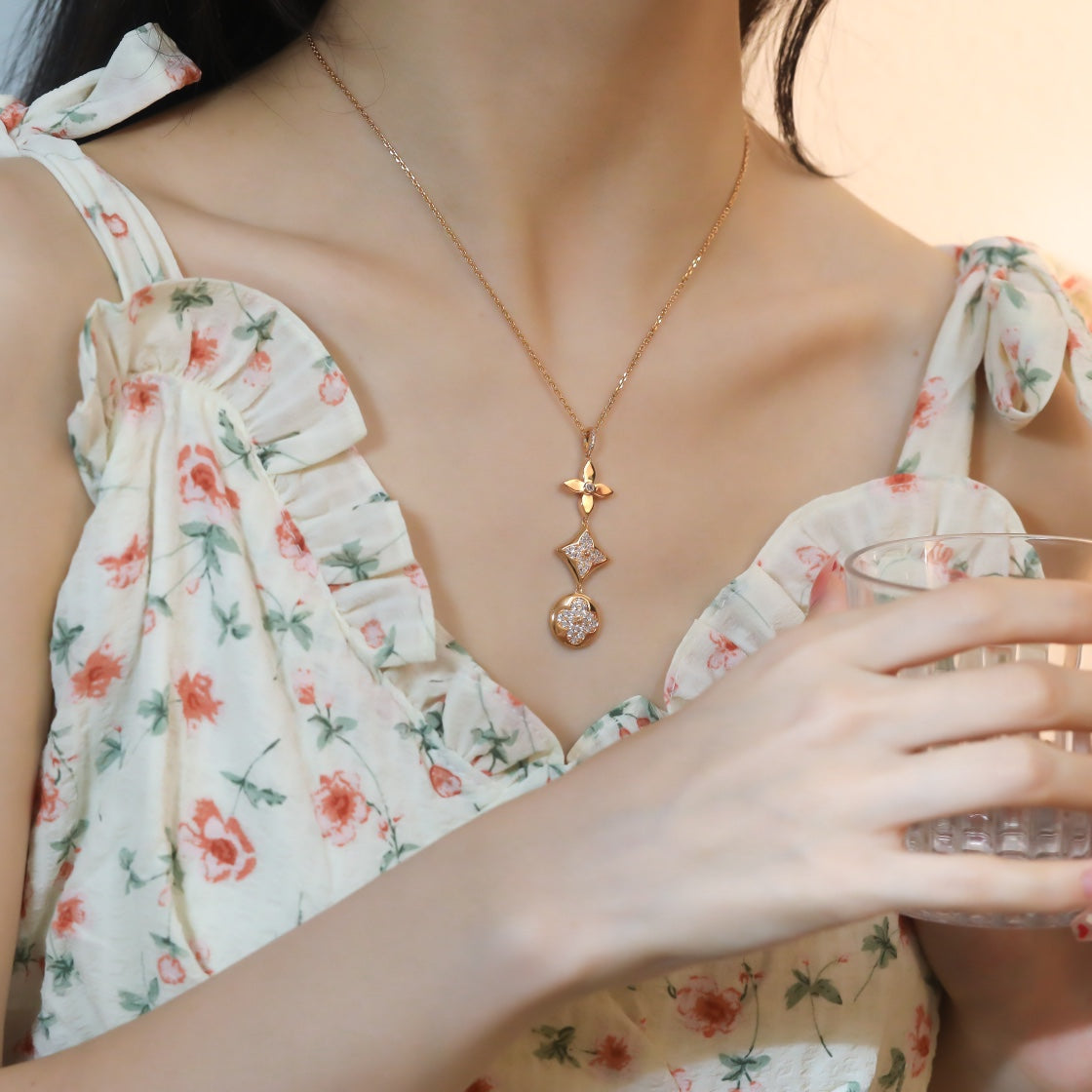 [⭐Seralia]STAR AND SUN DIAMOND PINK GOLD NECKLACE