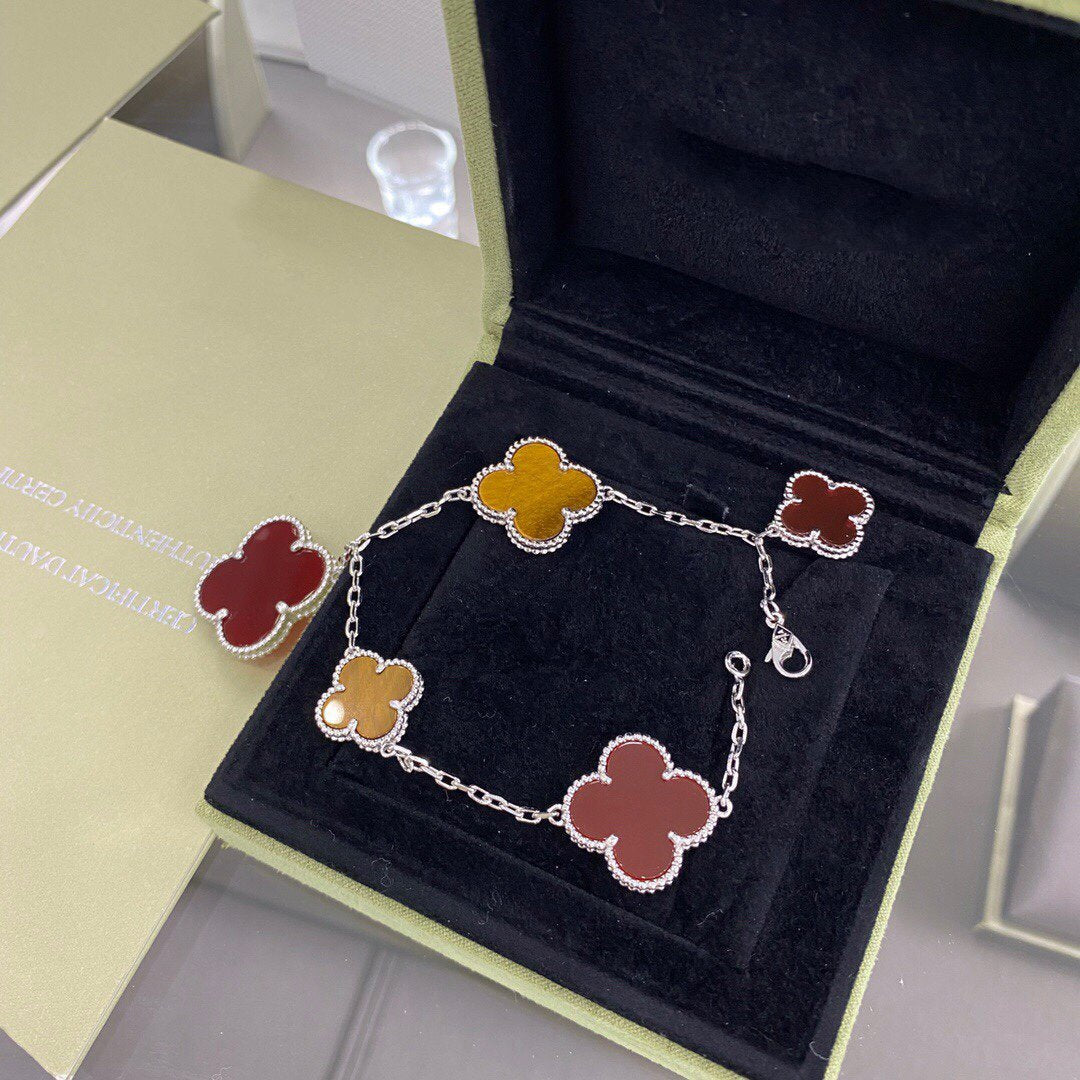 [⭐Seralia]CLOVER 5 MOTIFS SIVLER CARNELIAN TIGER EYE BRACELET