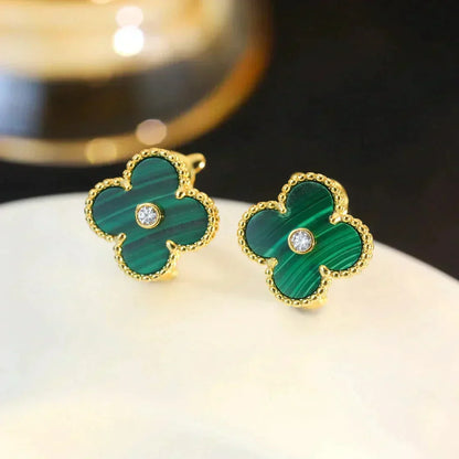 [⭐Seralia]CLOVER MEDIUM 1 MOTIFS MALACHITE DIAMOND EARRINGS