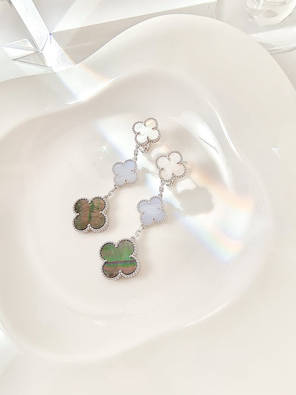 [⭐Seralia]CLOVER 3 MOTIFS CHALCEDONY DARK MOP SILVER EARRINGS