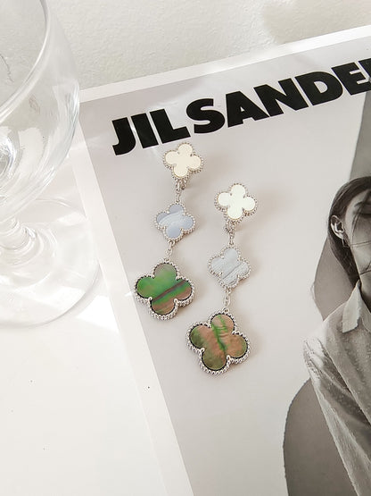 [⭐Seralia]CLOVER 3 MOTIFS CHALCEDONY DARK MOP SILVER EARRINGS