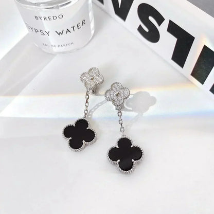 [⭐Seralia]CLOVER 2 MOTIFS  DIAMOND ONYX EARRINGS SILVER