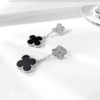 [⭐Seralia]CLOVER 2 MOTIFS  DIAMOND ONYX EARRINGS SILVER