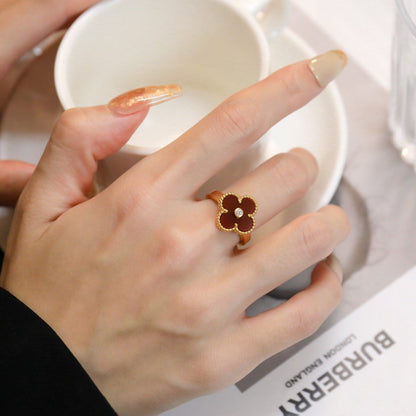 [⭐Seralia]CLOVER CARNELIAN RING ROSE GOLD DIAMOND
