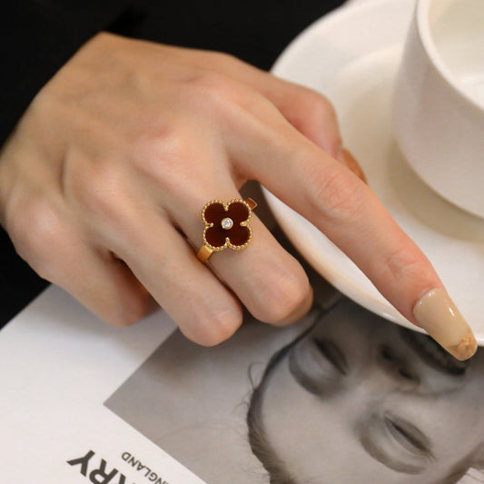 [⭐Seralia]CLOVER CARNELIAN RING ROSE GOLD DIAMOND