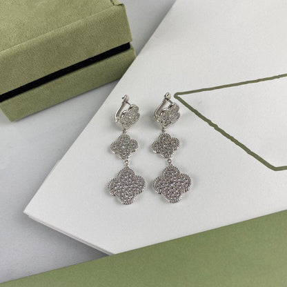 [⭐Seralia]CLOVER 3 MOTIF DIAMOND SILVER DROP EARRINGS