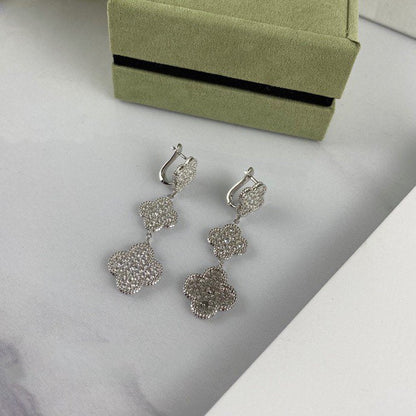 [⭐Seralia]CLOVER 3 MOTIF DIAMOND SILVER DROP EARRINGS