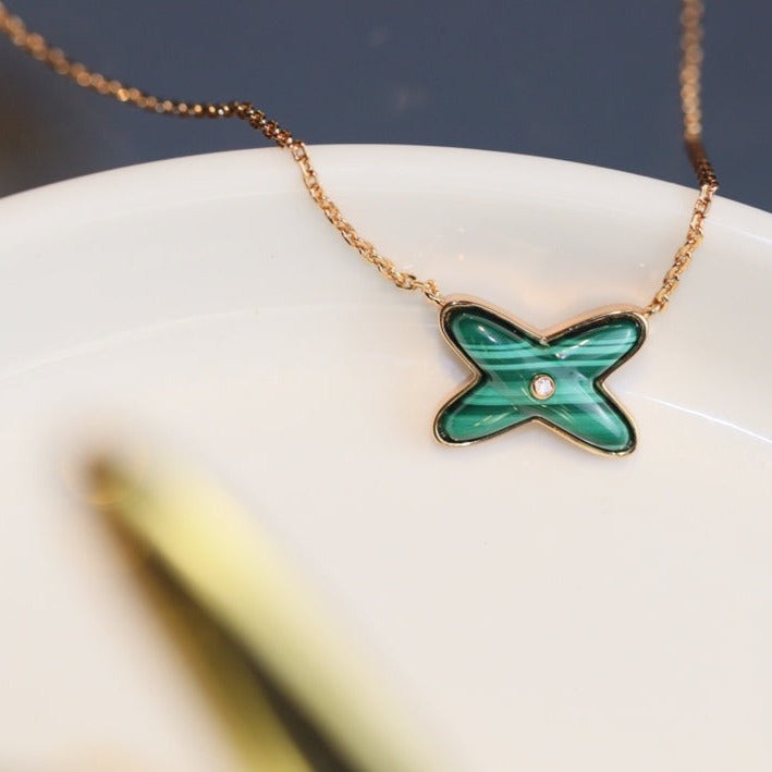 [⭐Seralia]JEUX MALACHITE 1 DIAMOND PINK GOLD NECKLACE