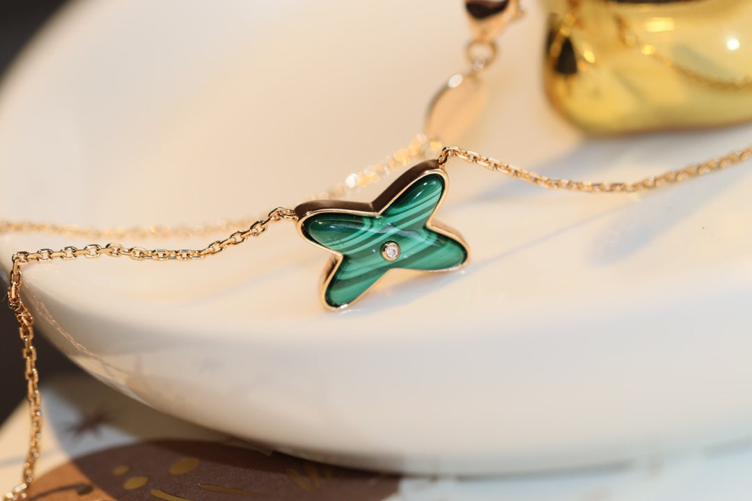 [⭐Seralia]JEUX MALACHITE 1 DIAMOND PINK GOLD NECKLACE