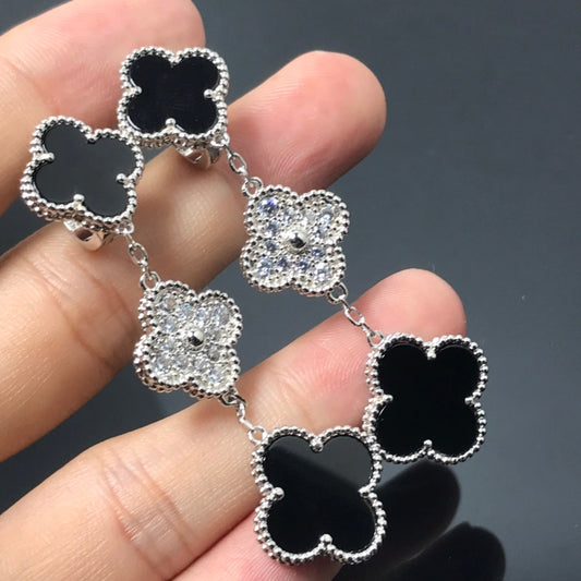 [⭐Seralia]CLOVER 3 MOTIF DIAMOND ONYX SILVER EARRINGS