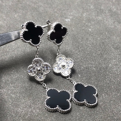 [⭐Seralia]CLOVER 3 MOTIF DIAMOND ONYX SILVER EARRINGS