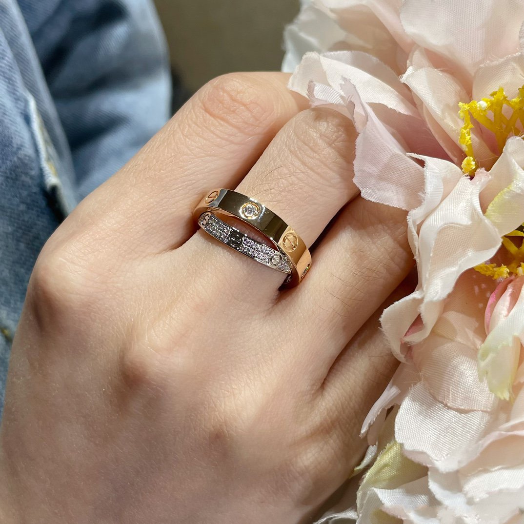 [⭐Seralia]LOVE PINK GOLD SILVER DIAMOND DOUBLE RING