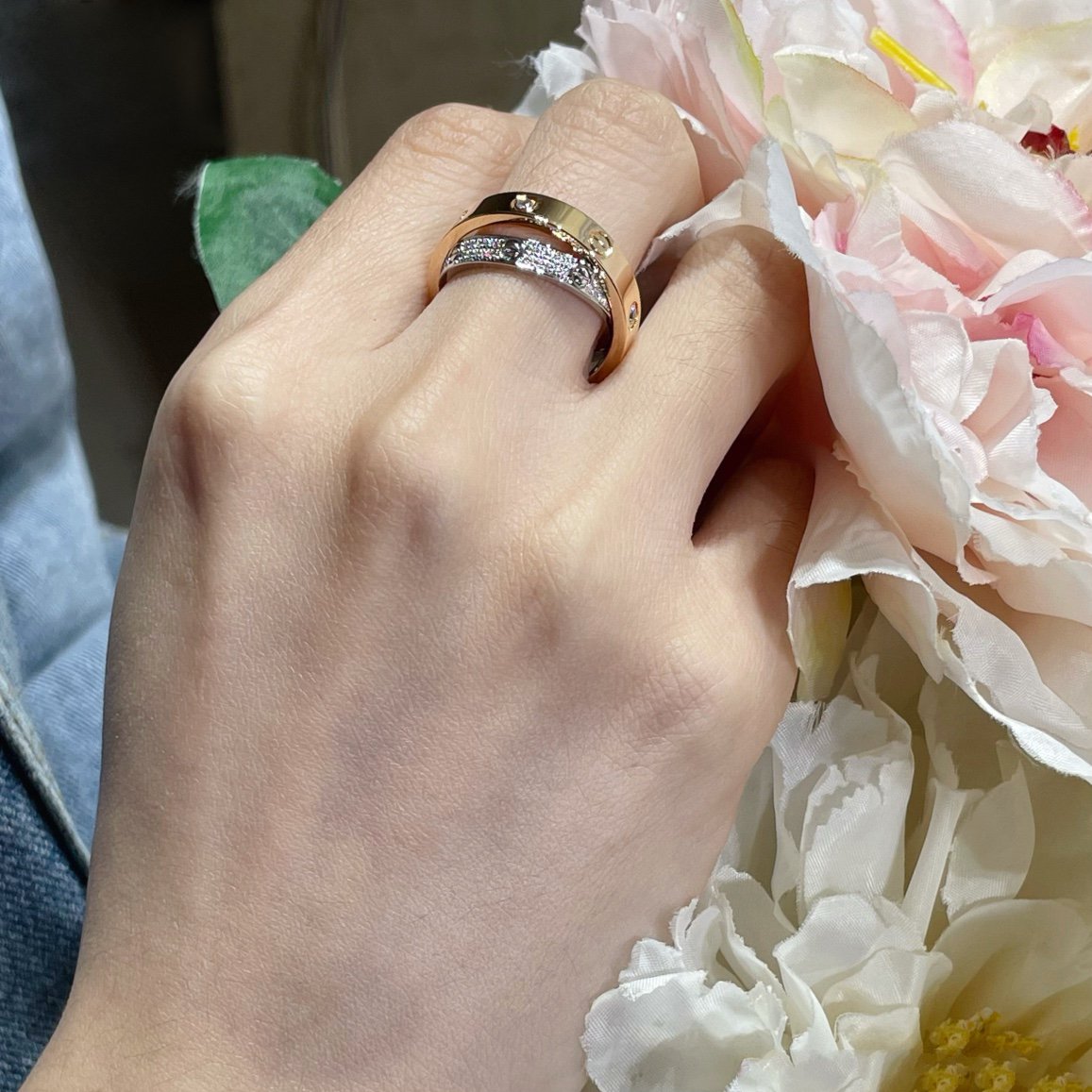 [⭐Seralia]LOVE PINK GOLD SILVER DIAMOND DOUBLE RING