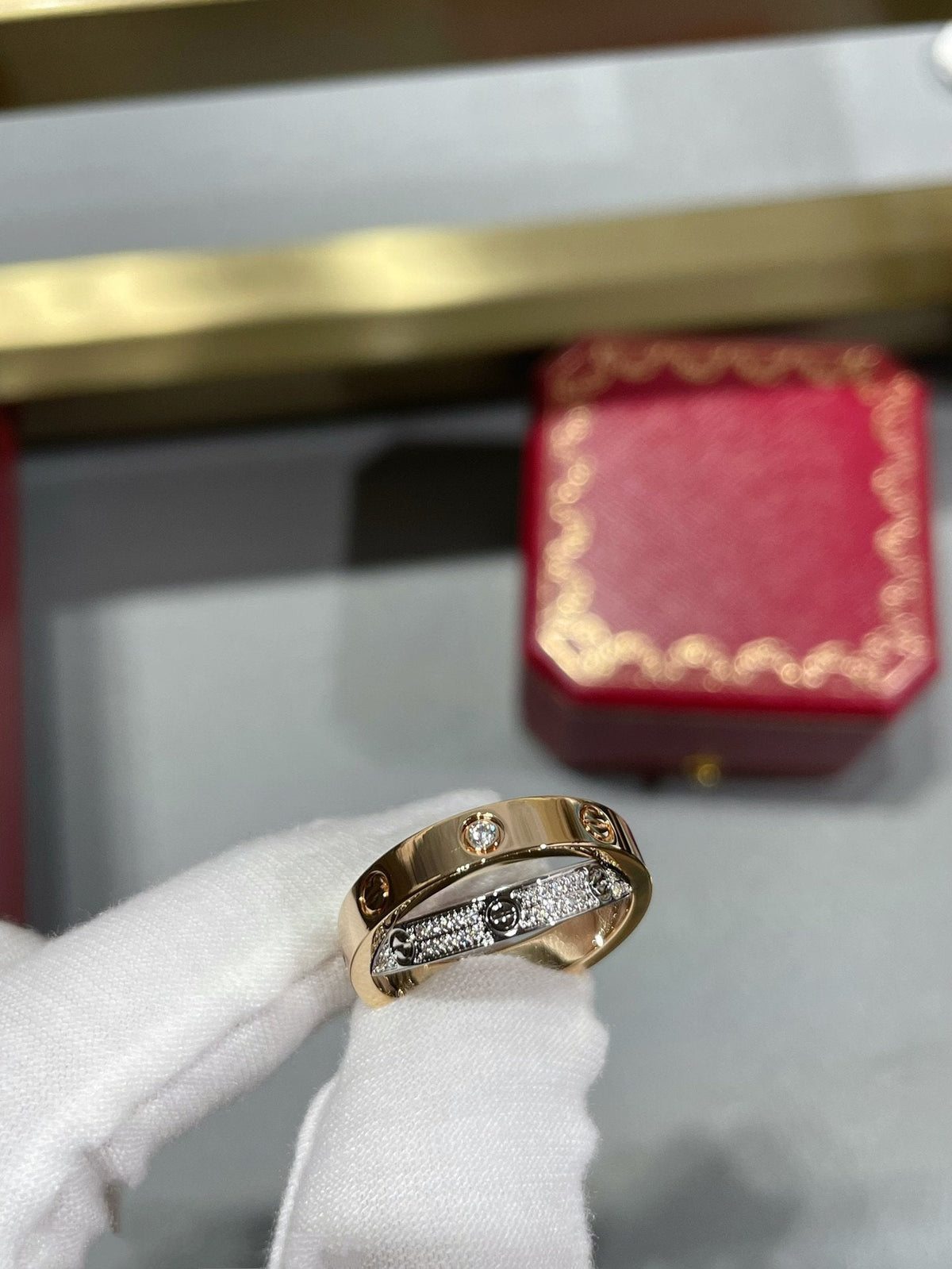 [⭐Seralia]LOVE PINK GOLD SILVER DIAMOND DOUBLE RING