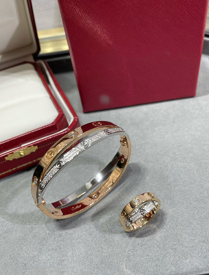 [⭐Seralia]LOVE PINK GOLD SILVER DIAMOND DOUBLE RING