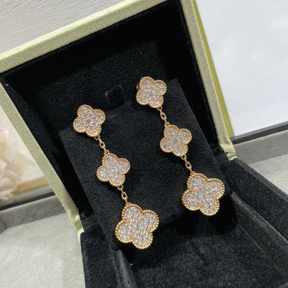 [⭐Seralia]CLOVER 3 MOTIFS DIAMOND PAVED ROSE GOLD EARRINGS