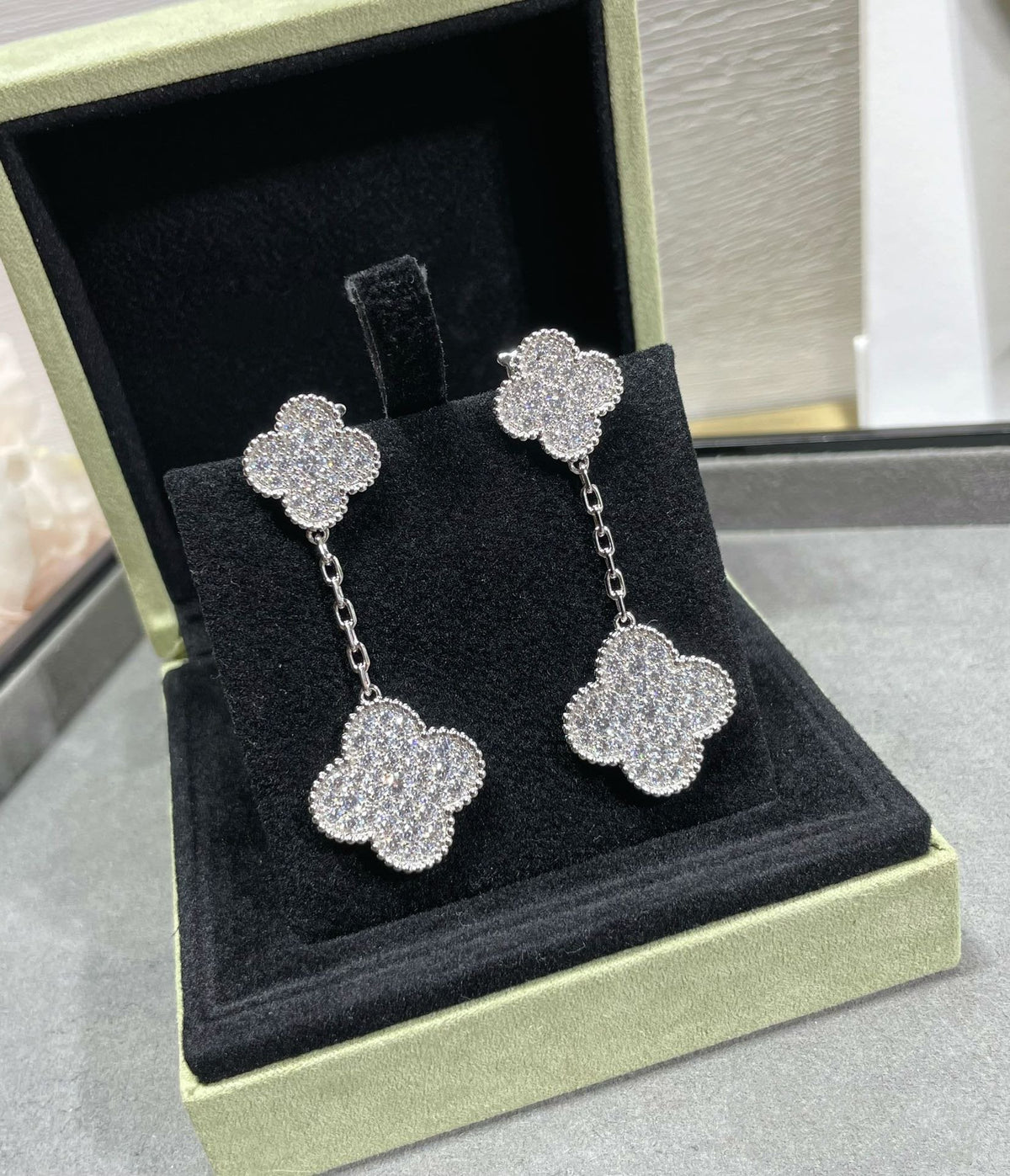 [⭐Seralia]CLOVER 2 MOTIFS DIAMOND PAVED SILVER EARRINGS
