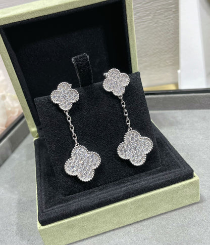 [⭐Seralia]CLOVER 2 MOTIFS DIAMOND PAVED SILVER EARRINGS