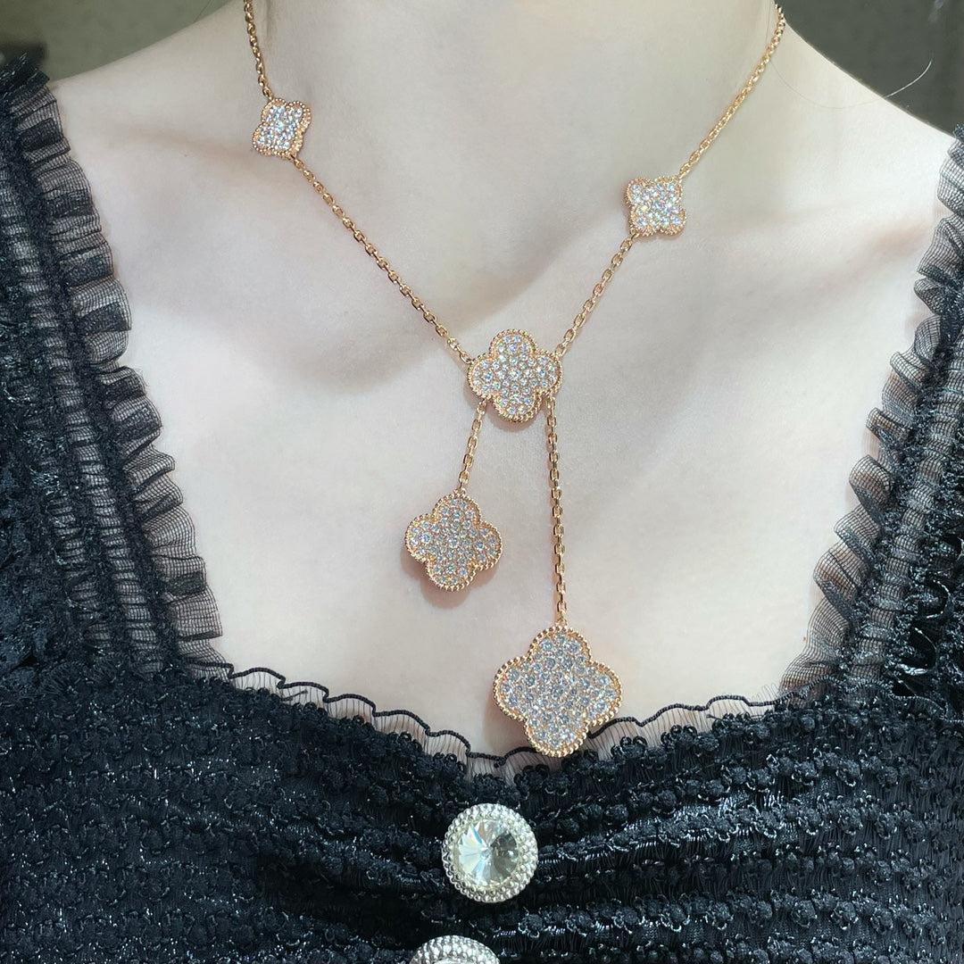 [⭐Seralia]CLOVER 6 MOTIF DIAMOND PAVED NECKLACE