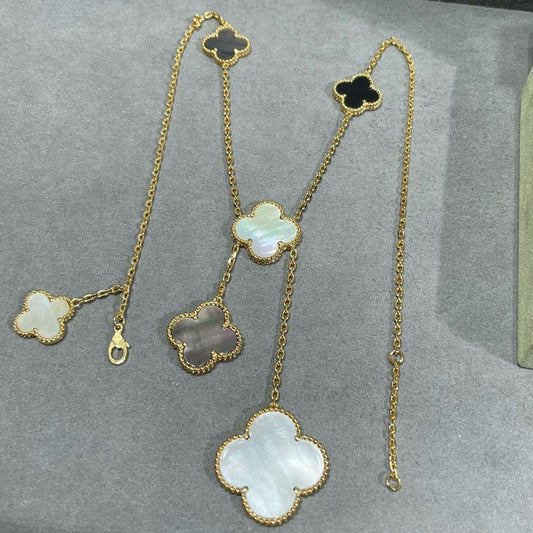[⭐Seralia]CLOVER 6 MOTIF MOP ONYX GOLD NECKLACE
