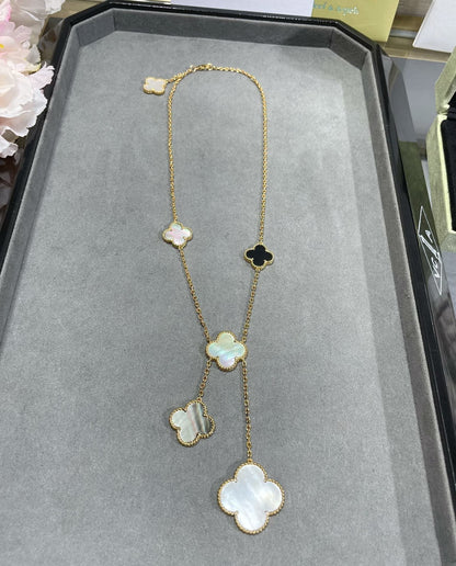 [⭐Seralia]CLOVER 6 MOTIF MOP ONYX GOLD NECKLACE