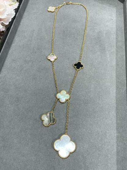 [⭐Seralia]CLOVER 6 MOTIF MOP ONYX GOLD NECKLACE