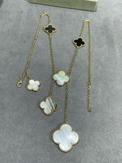 [⭐Seralia]CLOVER 6 MOTIF MOP ONYX GOLD NECKLACE