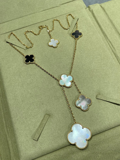 [⭐Seralia]CLOVER 6 MOTIF MOP ONYX GOLD NECKLACE