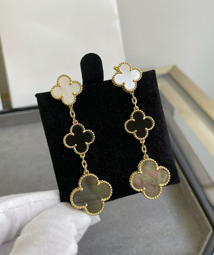 [⭐Seralia]CLOVER 3 MOTIF MOP ONYX DARK MOP PINK GOLD EARRINGS