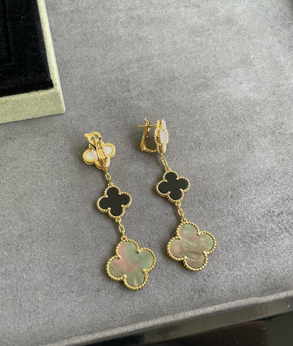 [⭐Seralia]CLOVER 3 MOTIF MOP ONYX DARK MOP PINK GOLD EARRINGS